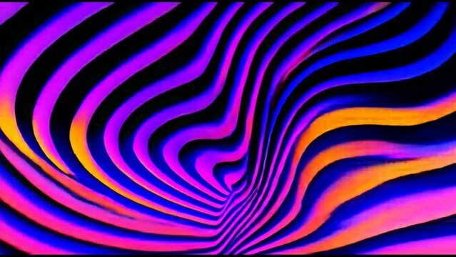 Distorted twisted line background. Trippy strip psychedelic motion animation. Neon color. Groovy abstract background. Trendy fluorescent retro style