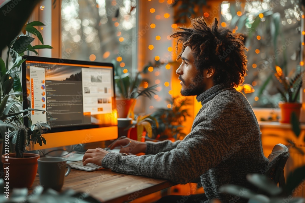 Poster man working on computer in home office