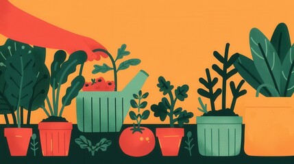 Colorful illustration of hand watering various plants and vegetables in pots, representing urban gardening and home agriculture.