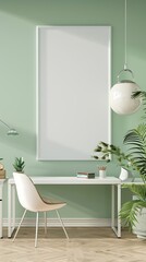 Clean modern office with light pastel green walls, minimalist white furnishings, and a blank white frame in a tall format.