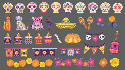Day of the Dead elements set. Dia De Los Muertos. Mexican culture and tradition. Sugar skulls, calavera, ofrenda candles, and other festive elements. Hand drawn vector illustrations.