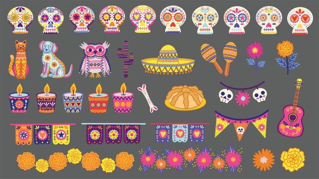 Day of the Dead elements set. Dia De Los Muertos. Mexican culture and tradition. Sugar skulls, calavera, ofrenda candles, and other festive elements. Hand drawn vector illustrations.