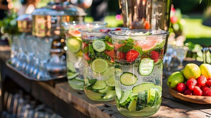 Refreshing Cucumber and Fruit Infused Water Station at an Outdoor Event - Perfect for Summer Gatherings