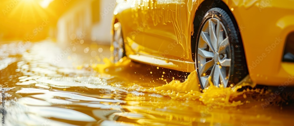 Canvas Prints  A tight shot of a sunlit yellow car submerged in water The sun casts a warm glow on its side