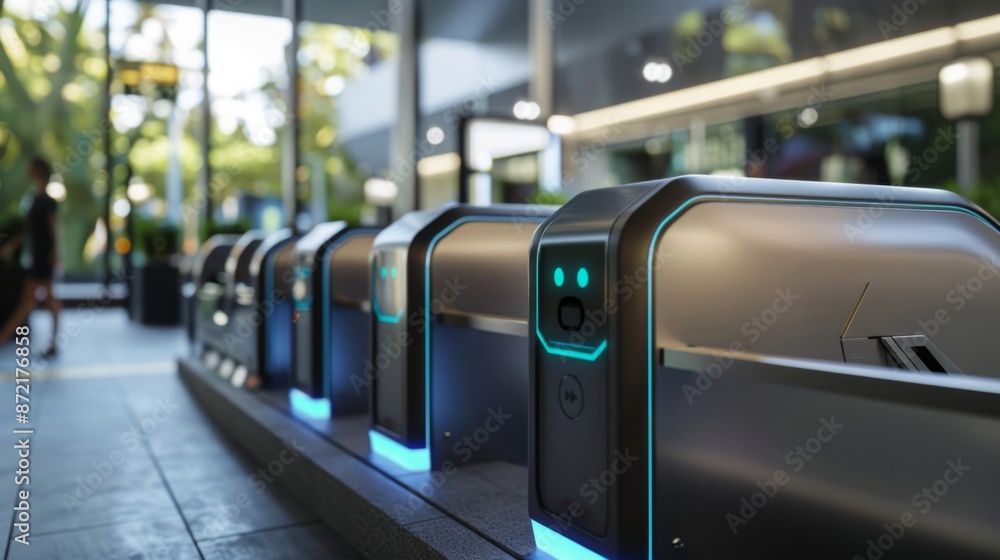Aufkleber A row of modern security gates with blue lights stand in a city setting. The gates are sleek and futuristic, with a focus on security and technology.