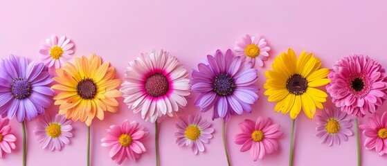  A row of pink, yellow, and purple daisies against a uniform pink background The center of the row features a single brown daisy