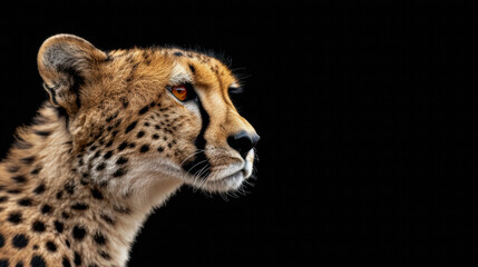 head profile close up of spotted cheetah isolated on black background with copyspace area 