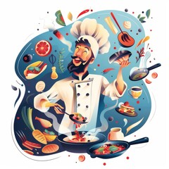 A lively chef cooking with food icons and symbols floating around