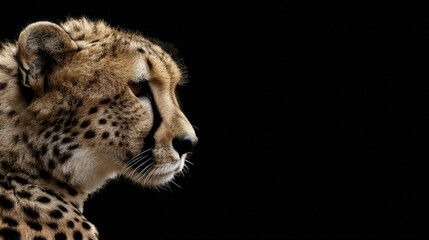 Fototapeta premium Head profile close up of spotted cheetah isolated on black background with copyspace area 