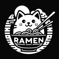 Modern logo of a cat with a bowl of ramen and chopsticks in vector design