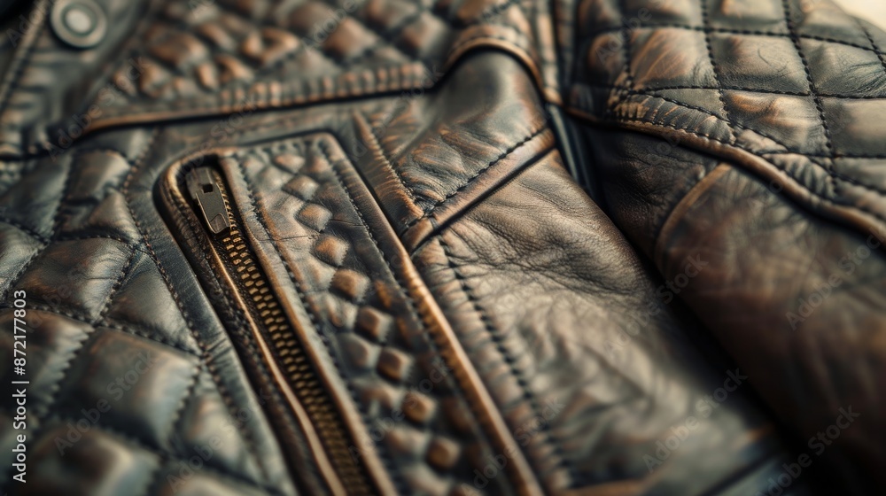 Poster a detailed shot of a leather jacket showing off the intricate stitching and embossed patterns on the