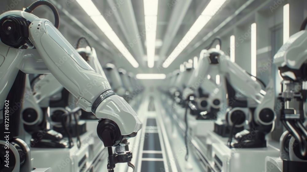 Leinwandbilder A row of industrial robotic arms work in a factory setting. The robots are white and silver with black accents and are positioned on an assembly line.