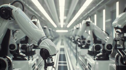 Fototapeta premium A row of industrial robotic arms work in a factory setting. The robots are white and silver with black accents and are positioned on an assembly line.