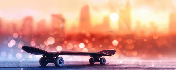 Skateboard with cool design, city background, flat design illustration