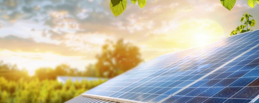 Solar panel field at sunrise with green foliage. Renewable energy and sustainable innovation concept.