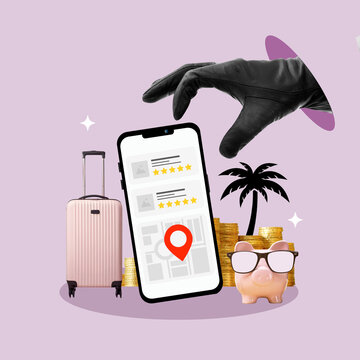 Scam, thief, travel app, vacation, Thief stealing, money, passenger, transportation, hotel, lodging, website, fake, Fraud, savings, investment, Laptop, Train, bus, plane, Thief, Alert, Crime, Criminal