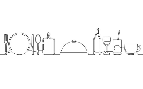 Restaurant theme illustration. The art of continuous line drawing with cooking utensils isolated on white background. Kitchen vector poster.