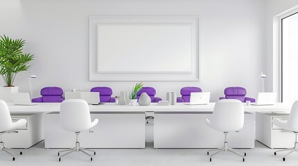 Clean modern office with white furnishings, bright purple accents, and a blank white frame above the desk in a  format.