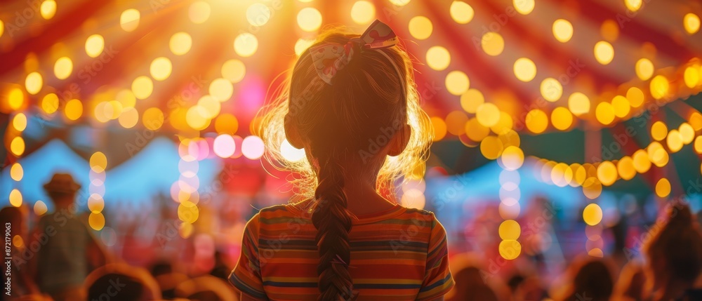 Canvas Prints  A young girl poses before a lit circus tent, her hair adorned with a bow