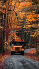 Obraz premium School Bus Amid Autumn Foliage Navigating Scenic Roadway for Seasonal Travel Stock Image