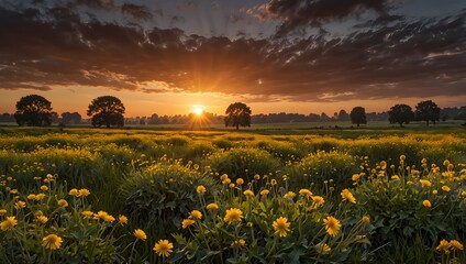 A photograph capturing the beauty of a field covered in dandelions at sunset ai_generated