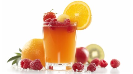 A glass of freshly pressed juice topped with various fruit, isolated on a white background