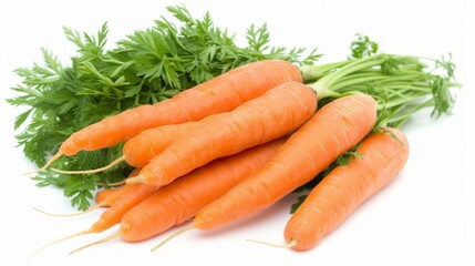 A bunch of fresh carrots displayed on a white background
