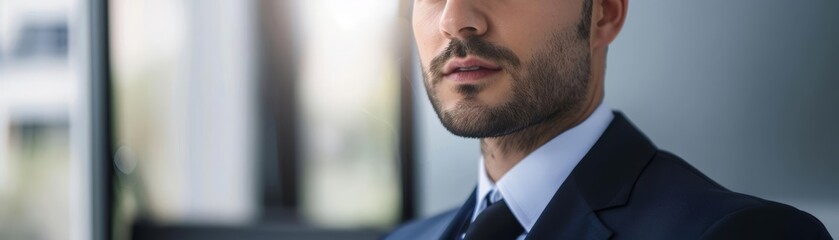 Fototapeta premium Tax advisor in a smart suit, close-up, discussing finance returns, confident look, sleek office, photo-realistic, clear lighting, professional setting