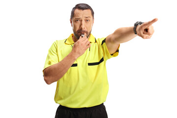 Sports referee blowing a whistle and pointing