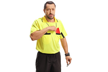 Football referee with red card in pocket