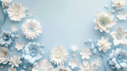 A serene wall decorated with white and light blue paper flowers, creating a peaceful and creative abstraction against a pale blue background. 