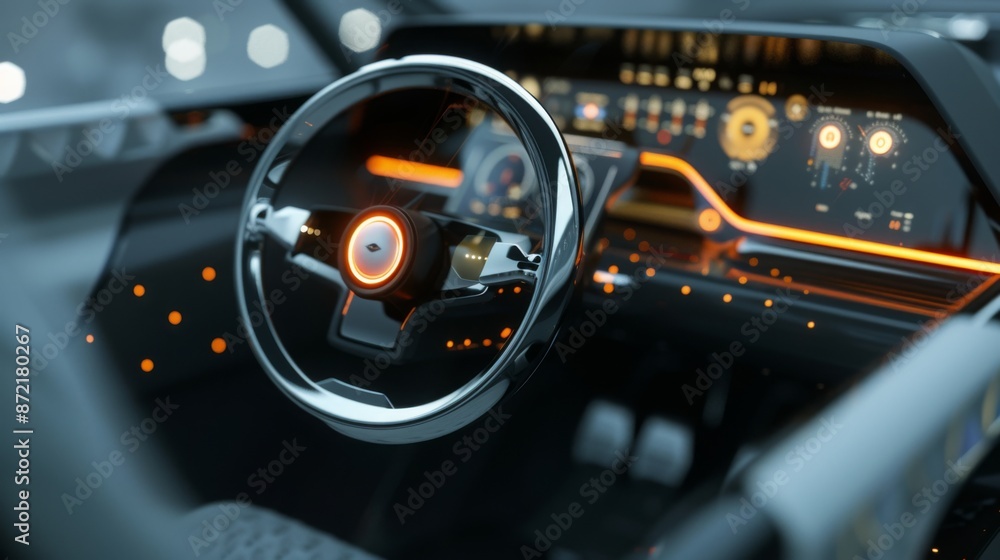 Poster a close-up image of a modern car interior, focusing on the steering wheel. the wheel is illuminated 
