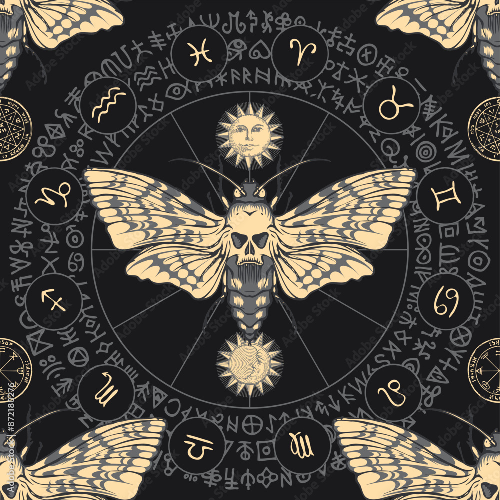 Aufkleber vector seamless pattern with death's head butterfly on the background of the zodiac circle with sun 