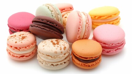 A variety of colorful macarons, isolated on a white background