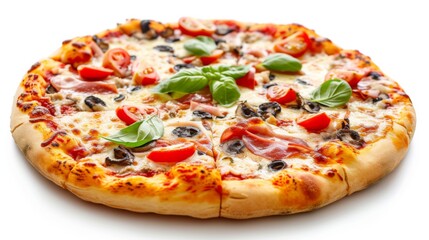 A pizza with various toppings, isolated on a white background