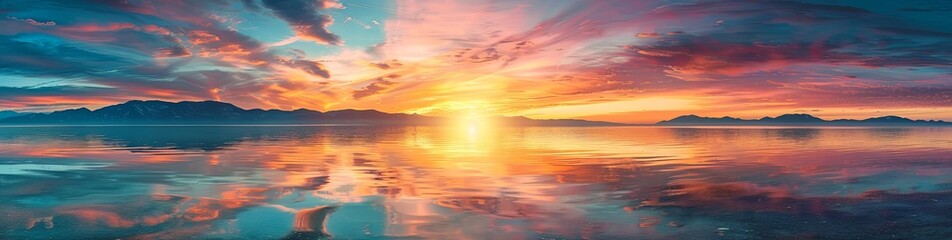 Obraz premium Panoramic Sunset Over Serene Waters: Majestic Mountains and Vibrant Reflections Captivate Nature’s Tranquility