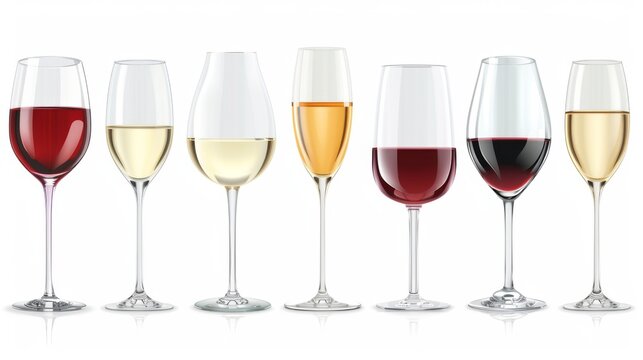 A set of various types of wine glasses, isolated on a white background