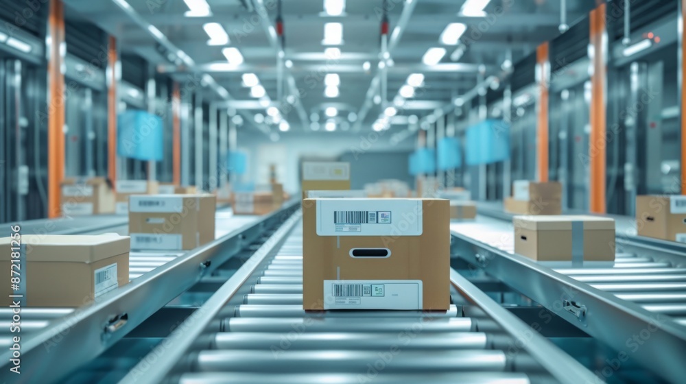 Poster a close-up view of a conveyor belt in a warehouse, with numerous cardboard boxes moving along the tr