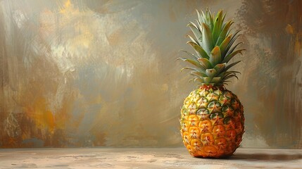   A pineapple sits atop a table beside a yellow-brown wall painting