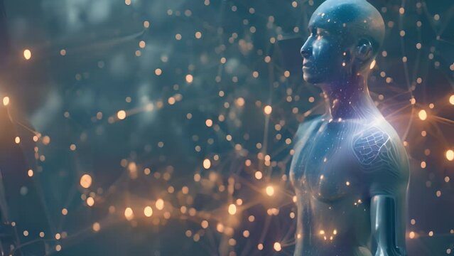 a holographic schematic of the human body featuring the neural connections between the head and brain as well as the organ structures on an abstract, light-filled background