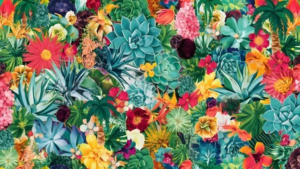 A colorful floral pattern with succulents and tropical plants, ideal for summer themed designs and prints.