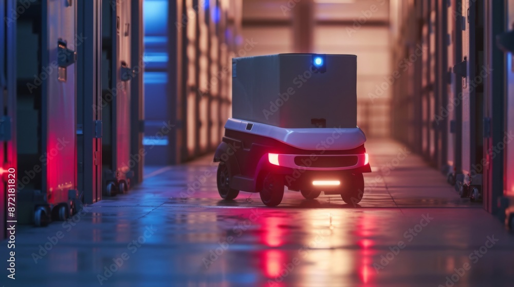 Poster A small autonomous delivery robot navigates a brightly lit warehouse, transporting a package.
