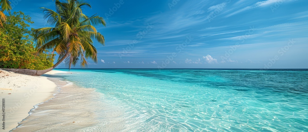 Canvas Prints  A tropical island beach with blue waters and palm-lined shore In the heart of the ocean