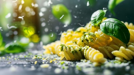 A tantalizing dish of giant fusilli pasta bathed in pesto sauce, sprinkled with parmesan and fresh basil, invites a gustatory feast.