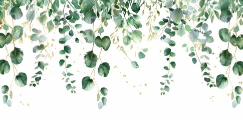 Watercolor illustration of eucalyptus leaves hanging from a tree in a peaceful garden setting