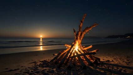 Fototapeta premium A bonfire fueled by driftwood, casting flickering shadows on a moonlit beach ai_generated