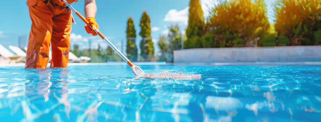 Close up shot of a swimming pool cleaner using a long pole with a net or brush to remove leaves and debris from a serene, cleaning service