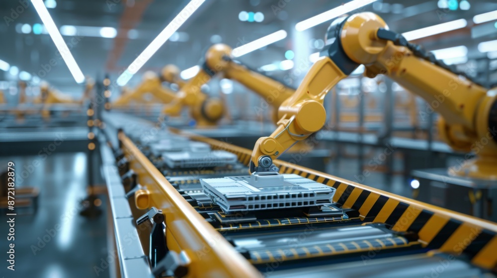 Leinwandbilder A robotic arm in a factory setting is assembling parts on a conveyor belt. The arm is yellow and has several joints, making it able to move in many directions.