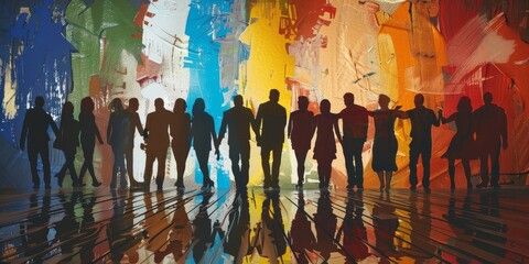 Naklejka premium Vibrant Abstract Art with Silhouetted Diverse Group of People
