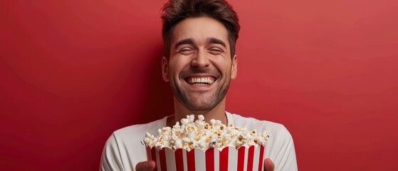  A man, smiling, holds a popcorn bucket in front of his face against a red wall background